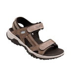 Angled profile view of the KURU TREAD Women's Sandal in Cedar Brown-Vanilla Cream-Pale Khaki.