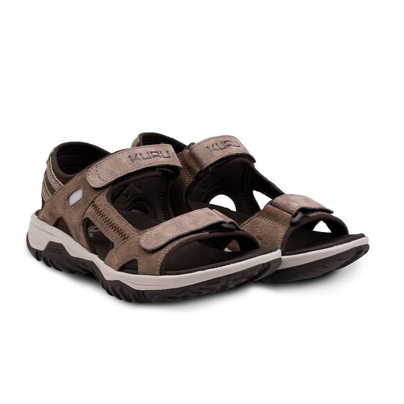 Pair of KURU TREAD Women's Sandal in Cedar Brown-Vanilla Cream-Pale Khaki, angled view.