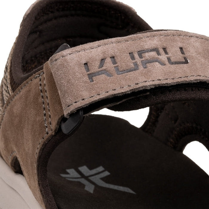 Pair of KURU TREAD Women's Sandal in Cedar Brown-Vanilla Cream-Pale Khaki, angled view.