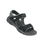 Angled profile view of the KURU TREAD Men's Sandal in Jet Black-Empire Steel.