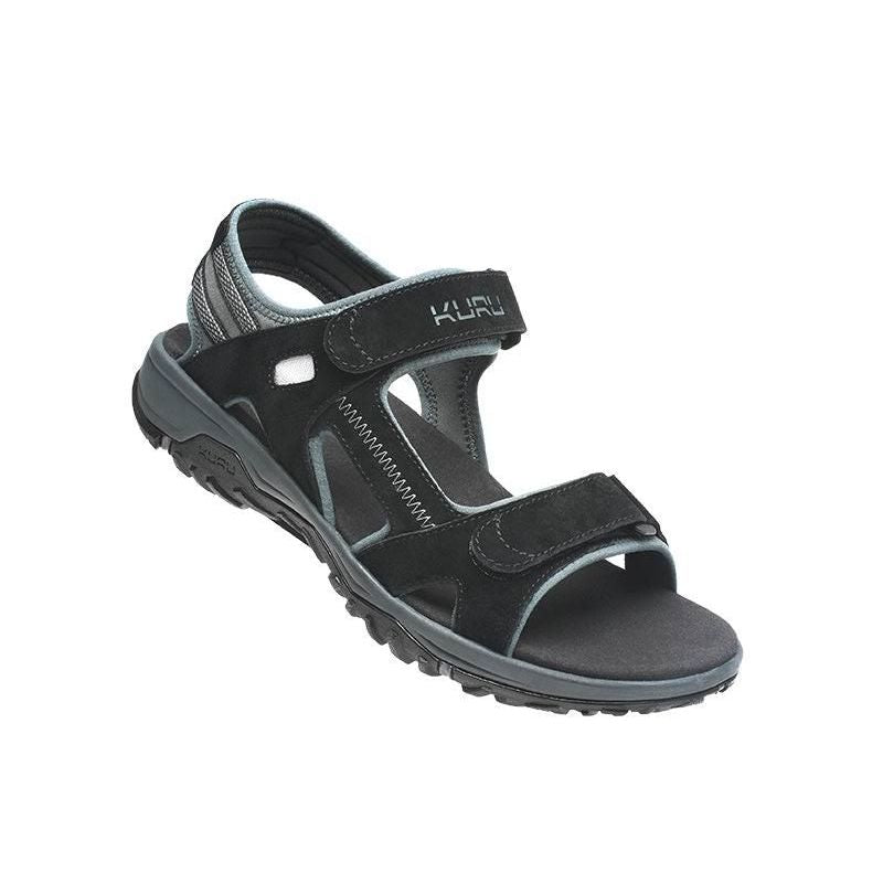 Angled profile view of the KURU TREAD Men's Sandal in Jet Black-Empire Steel.