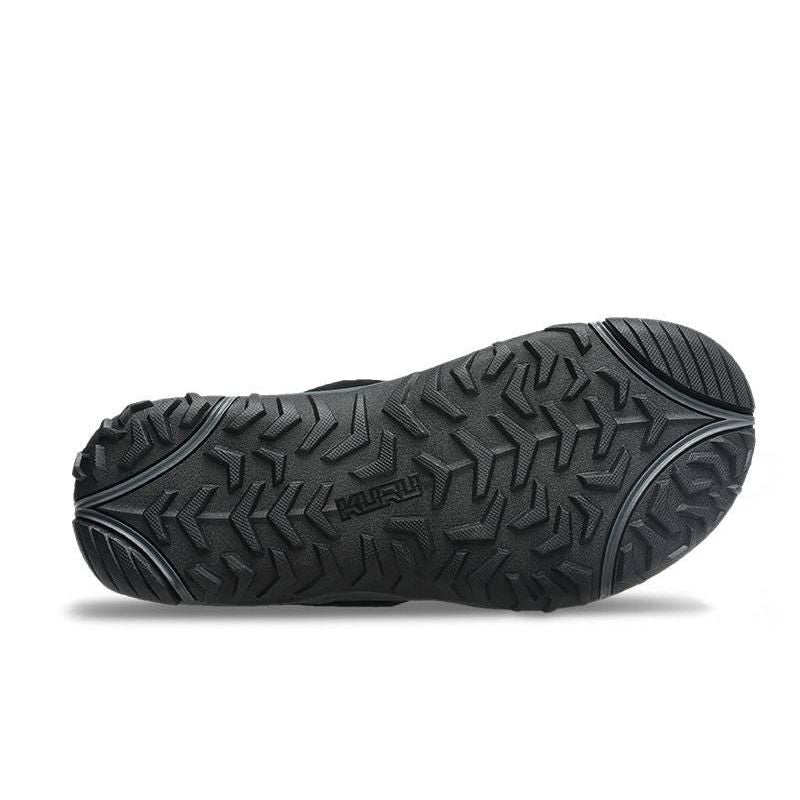 Outsole view of the KURU TREAD Men's Sandal in Jet Black-Empire Steel, showing the KURUSOLE tread.