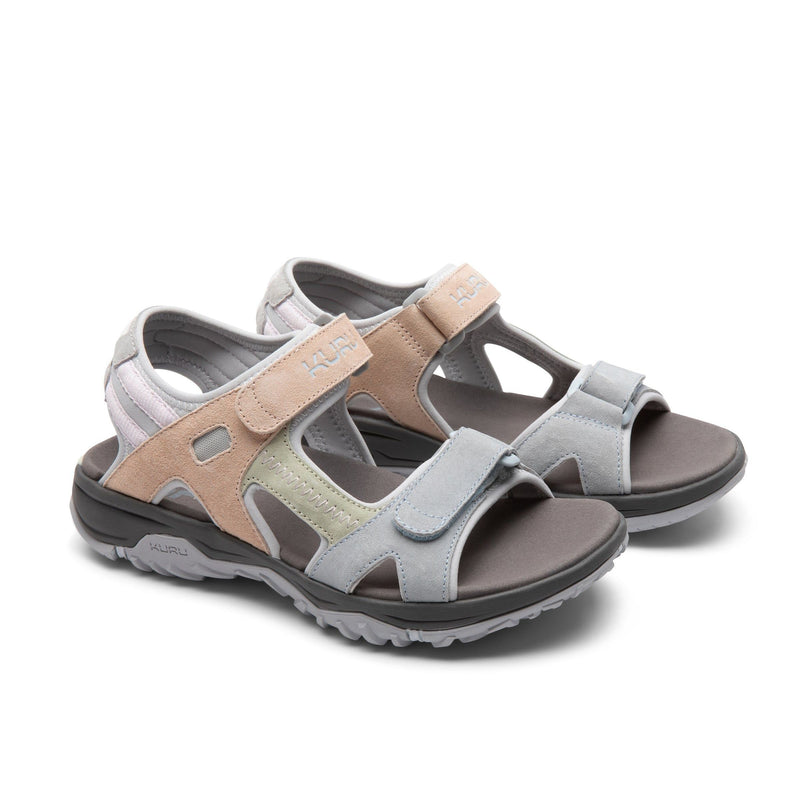 Pair of KURU TREAD Women's Sandal in Multi-Dove Gray, angled view.