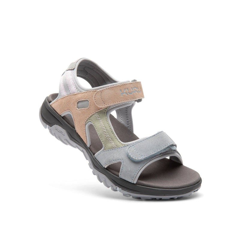 Angled profile view of the KURU TREAD Women's Sandal in Multi-Dove Gray.