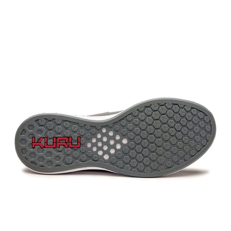 Outsole view of the KURU ATOM Slip-On Men's Slip-On Sneaker in Cloud Gray-Cardinal Red, showing the KURUSOLE tread.