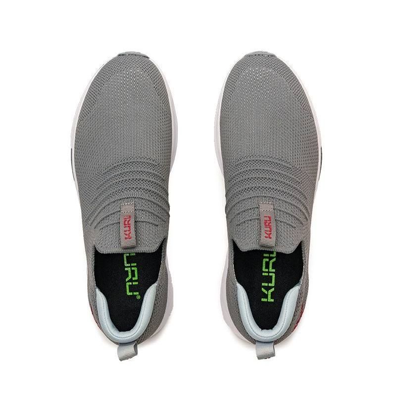 Top-down view of the KURU ATOM Slip-On Men's Slip-On Sneaker in Cloud Gray-Cardinal Red.