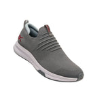 Angled profile view of the KURU ATOM Slip-On Men's Slip-On Sneaker in Cloud Gray-Cardinal Red.