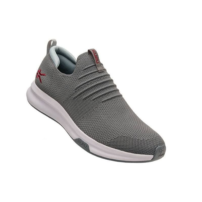 Angled profile view of the KURU ATOM Slip-On Men's Slip-On Sneaker in Cloud Gray-Cardinal Red.