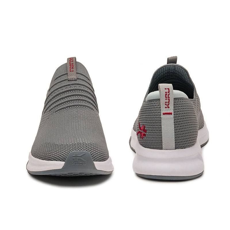 Back heel view of the KURU ATOM Slip-On Men's Slip-On Sneaker in Cloud Gray-Cardinal Red.