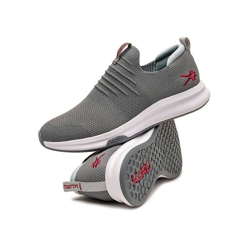 Pair of KURU ATOM Slip-On Men's Slip-On Sneaker in Cloud Gray-Cardinal Red, angled view.
