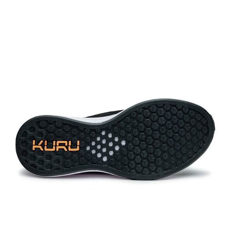 Outsole view of the KURU ATOM Slip-On Women's Slip-On Sneaker in Jet Black, showing the KURUSOLE tread.