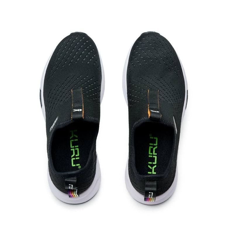 Back heel view of the KURU ATOM Slip-On Women's Slip-On Sneaker in Jet Black.