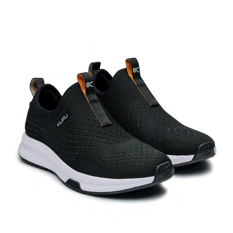 Pair of KURU ATOM Slip-On Women's Slip-On Sneaker in Jet Black, angled view.
