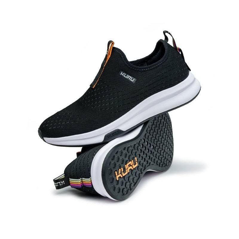 Pair of KURU ATOM Slip-On Women's Slip-On Sneaker in Jet Black, angled view.