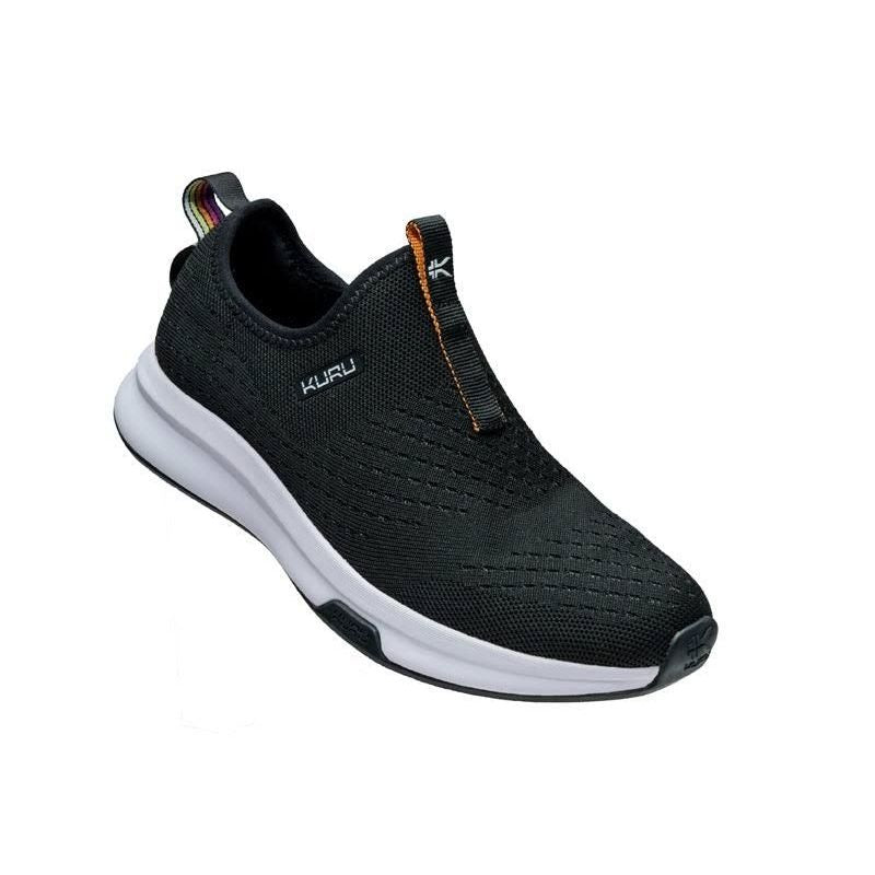 Angled profile view of the KURU ATOM Slip-On Women's Slip-On Sneaker in Jet Black.
