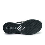 Outsole view of the KURU ATOM Slip-On Men's Slip-On Sneaker in Jet Black-Slate Gray, showing the KURUSOLE tread.