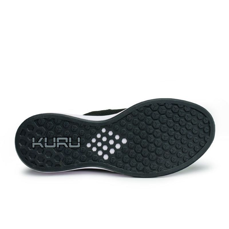 Outsole view of the KURU ATOM Slip-On Men's Slip-On Sneaker in Jet Black-Slate Gray, showing the KURUSOLE tread.