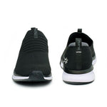 Back heel view of the KURU ATOM Slip-On Men's Slip-On Sneaker in Jet Black-Slate Gray.