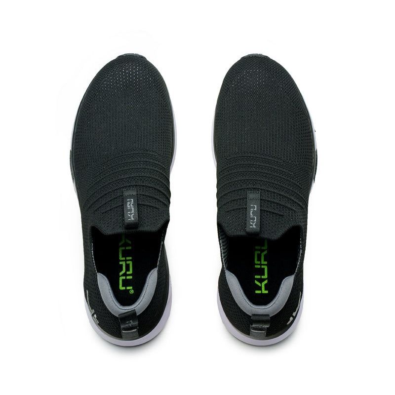 Top-down view of the KURU ATOM Slip-On Men's Slip-On Sneaker in Jet Black-Slate Gray.