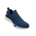Angled profile view of the KURU ATOM Slip-On Men's Slip-On Sneaker in Midnight Blue-Mineral Blue.
