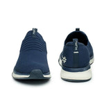 Back heel view of the KURU ATOM Slip-On Men's Slip-On Sneaker in Midnight Blue-Mineral Blue.