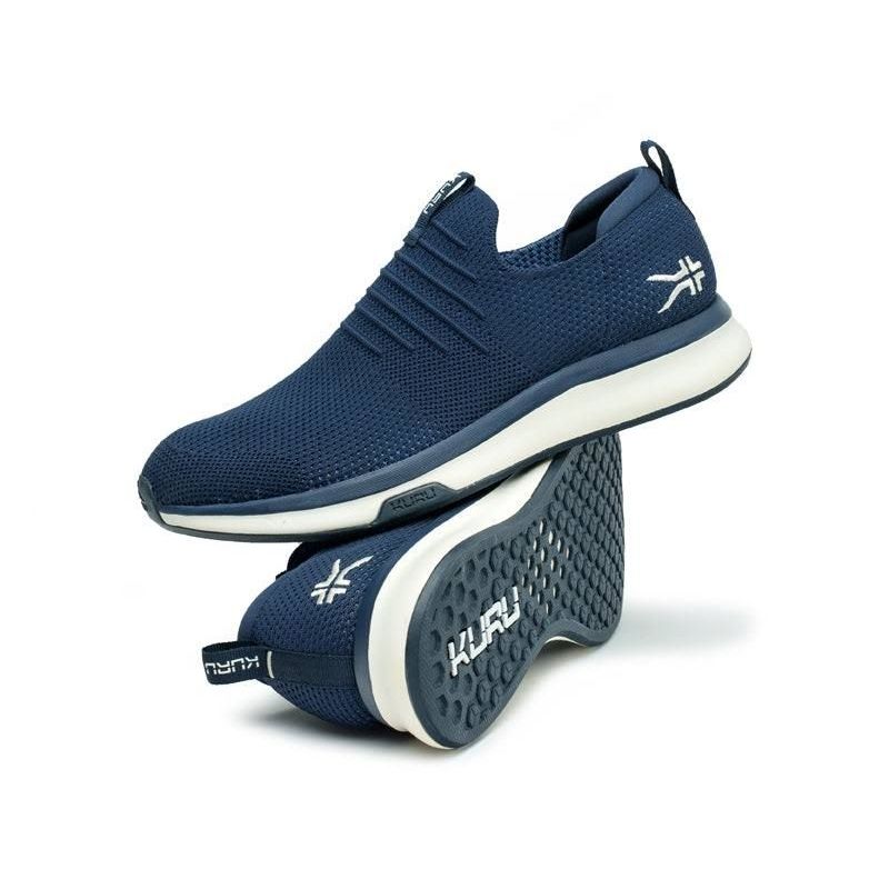 Pair of KURU ATOM Slip-On Men's Slip-On Sneaker in Midnight Blue-Mineral Blue, angled view.