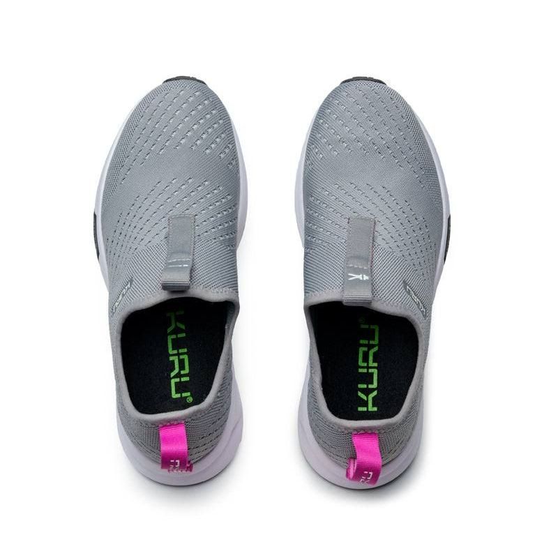 Top-down view of the KURU ATOM Slip-On Women's Slip-On Sneaker in Stone Gray-Berry Pink.