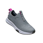 Angled profile view of the KURU ATOM Slip-On Women's Slip-On Sneaker in Stone Gray-Berry Pink.
