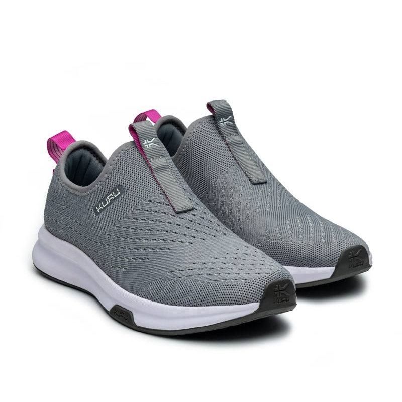 Pair of KURU ATOM Slip-On Women's Slip-On Sneaker in Stone Gray-Berry Pink, angled view.