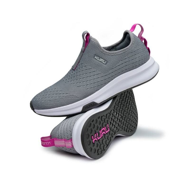 Pair of KURU ATOM Slip-On Women's Slip-On Sneaker in Stone Gray-Berry Pink, angled view.