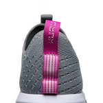 Close-up of the upper material on the KURU ATOM Slip-On Women's Slip-On Sneaker in Stone Gray-Berry Pink.