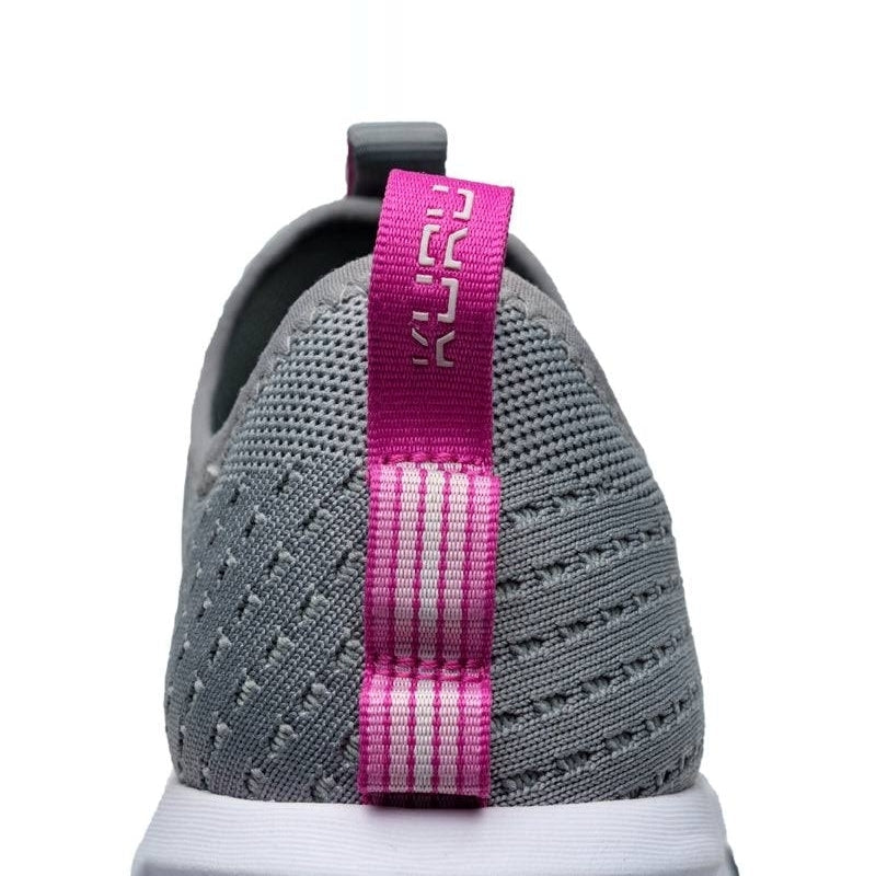 Close-up of the upper material on the KURU ATOM Slip-On Women's Slip-On Sneaker in Stone Gray-Berry Pink.