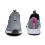 Back heel view of the KURU ATOM Slip-On Women's Slip-On Sneaker in Stone Gray-Berry Pink.