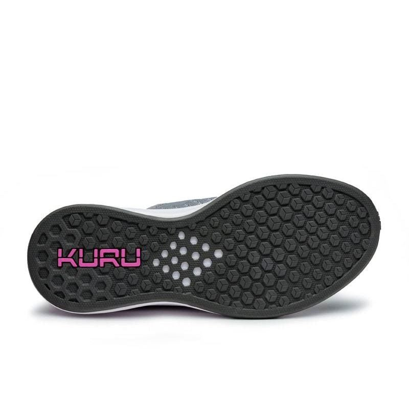 Outsole view of the KURU ATOM Slip-On Women's Slip-On Sneaker in Stone Gray-Berry Pink, showing the KURUSOLE tread.