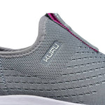 Close-up of the heel cup on the KURU ATOM Slip-On Women's Slip-On Sneaker in Stone Gray-Berry Pink.