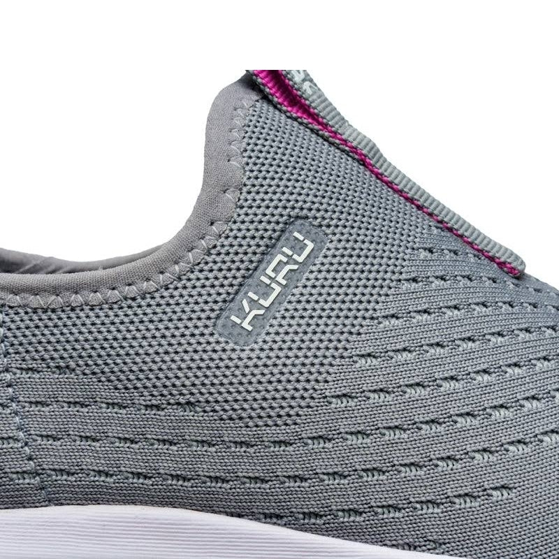 Close-up of the heel cup on the KURU ATOM Slip-On Women's Slip-On Sneaker in Stone Gray-Berry Pink.