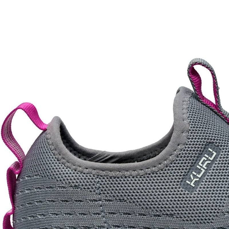 Close-up of the upper material on the KURU ATOM Slip-On Women's Slip-On Sneaker in Stone Gray-Berry Pink.