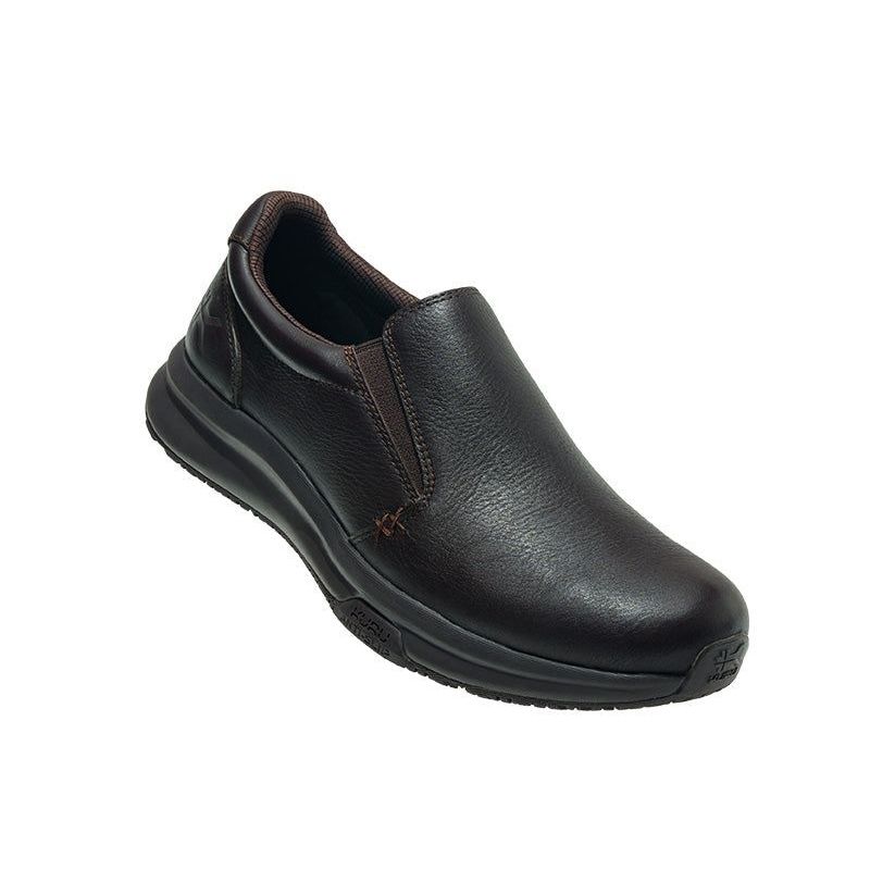 Angled profile view of the KURU KIVI 2 WIDE Men's Slip-On Sneaker in Espresso Brown.