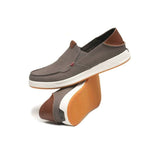 Pair of KURU PACE Men's Slip-On Sneaker in Dark Ash-White-Rich Walnut, angled view.