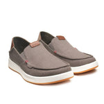 Pair of KURU PACE Men's Slip-On Sneaker in Dark Ash-White-Rich Walnut, angled view.