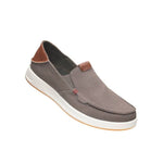 Angled profile view of the KURU PACE Men's Slip-On Sneaker in Dark Ash-White-Rich Walnut.