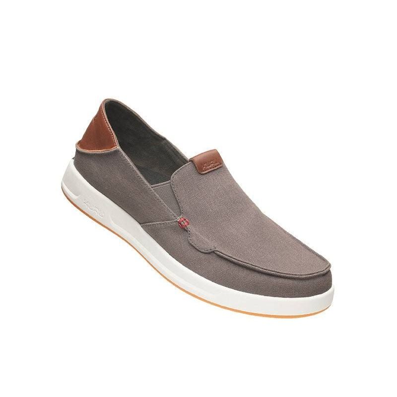 Angled profile view of the KURU PACE Men's Slip-On Sneaker in Dark Ash-White-Rich Walnut.