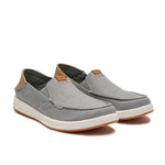 Pair of KURU PACE Men's Slip-On Sneaker in Lead Gray-Cedar Brown, angled view.