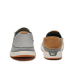 Back heel view of the KURU PACE Men's Slip-On Sneaker in Lead Gray-Cedar Brown.
