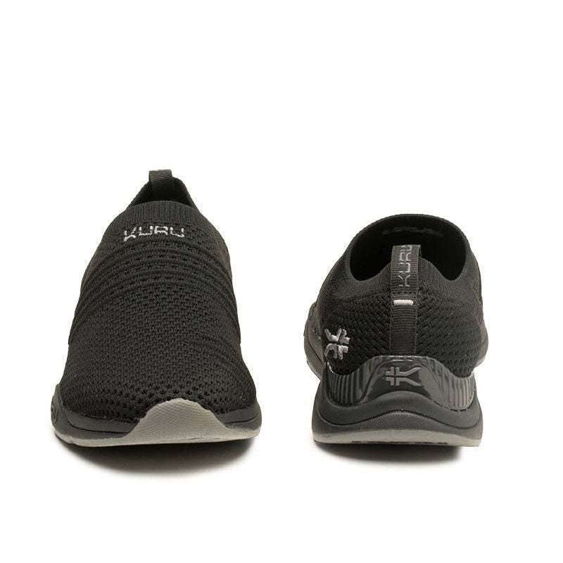 Back heel view of the KURU STRIDE Women's Slip-On Sneaker in Jet Black-Slate Gray.