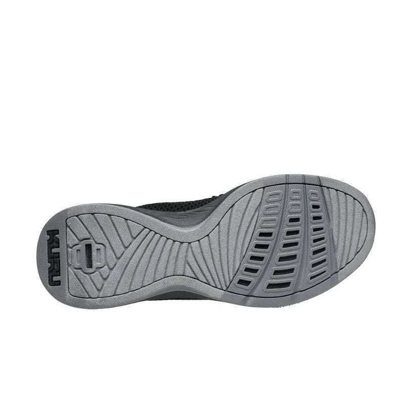 Outsole view of the KURU STRIDE Women's Slip-On Sneaker in Jet Black-Slate Gray, showing the KURUSOLE tread.