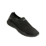 Angled profile view of the KURU STRIDE Women's Slip-On Sneaker in Jet Black-Slate Gray.
