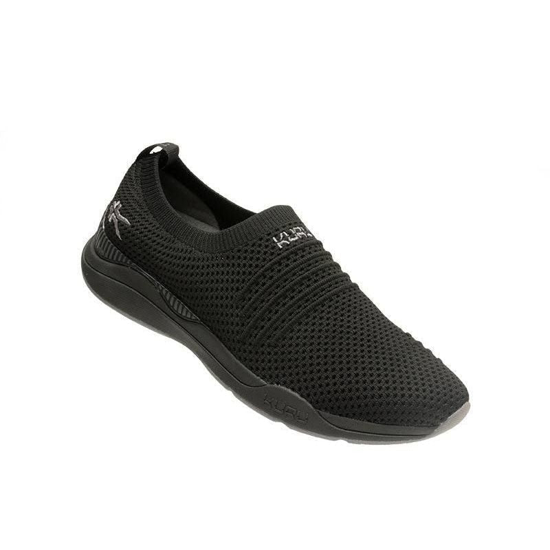 Angled profile view of the KURU STRIDE Women's Slip-On Sneaker in Jet Black-Slate Gray.