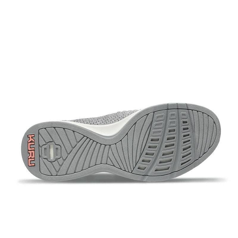 Outsole view of the KURU STRIDE WIDE Women's Slip-On Sneaker in Heather Gray-White-Peach Pink, showing the KURUSOLE tread.