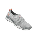 Angled profile view of the KURU STRIDE WIDE Women's Slip-On Sneaker in Heather Gray-White-Peach Pink.